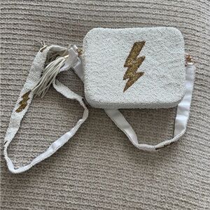 White Beaded Crossbody Bag with Gold Lightning Bolt